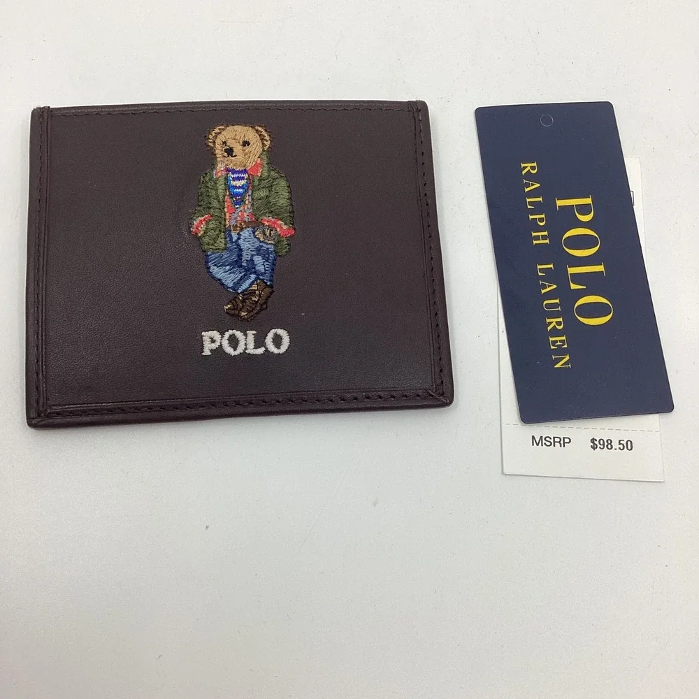 Polo Ralph Lauren Polo Bear Leather Card Case Wallet Dark Brown New